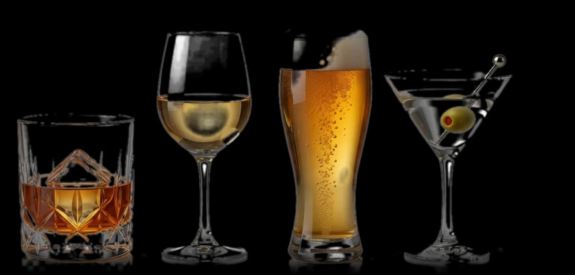 Axora's beverage range — a spirits tumbler, white wine, beer and a martini